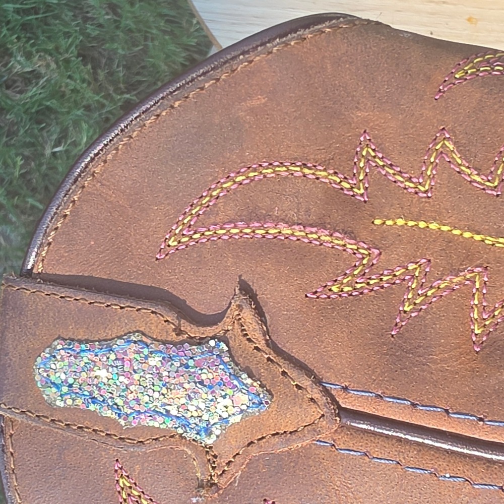 Girls Blue Glitter Brown Western Cowgirl Boots Square Toe Pink Leopard Lining - Picture 7 of 10